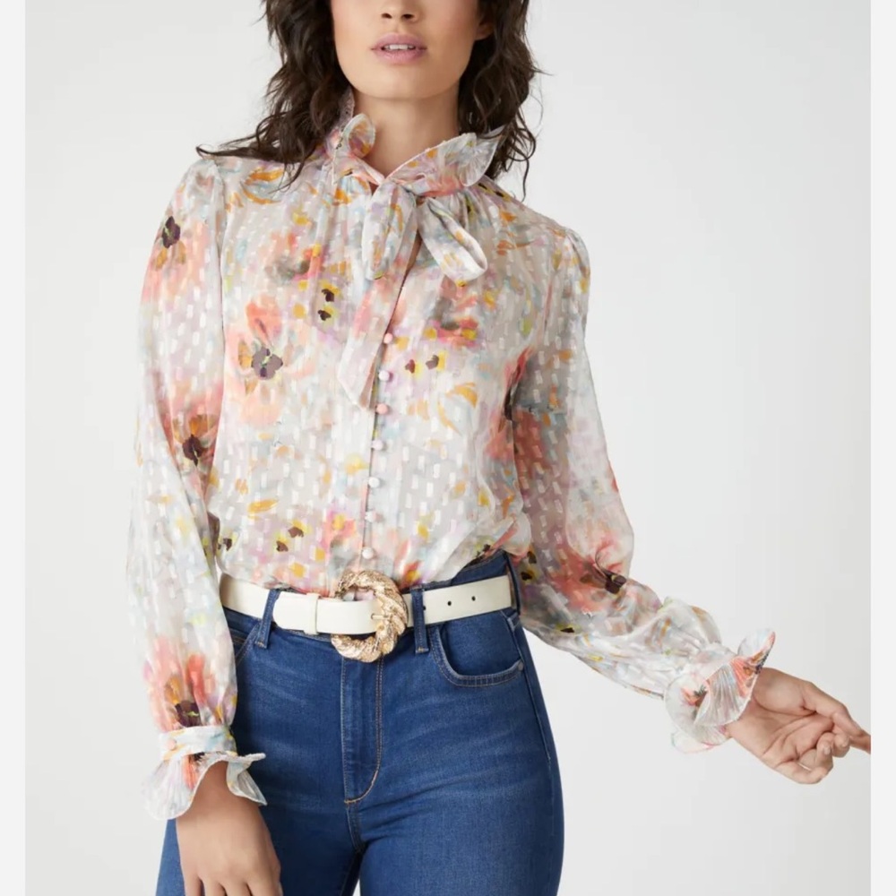 BCBGMAXAZRIA Watercolor Ruffle Tie Top in Blurred Floral Sheer metallic XXS XS S